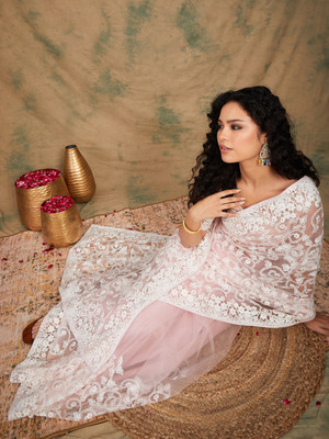 Divastri Embroidered Chanderi Net Saree(Pink)