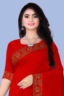 nevya creation Temple Border Mysore Raw Silk, Chanderi Saree(Red)