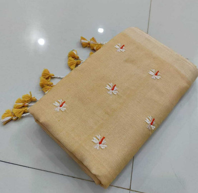 OSARIO Embroidered Handloom Pure Cotton Saree(Cream)