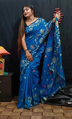 Sabita Floral Print, Embellished Handloom Cotton Silk Saree(Light Blue)