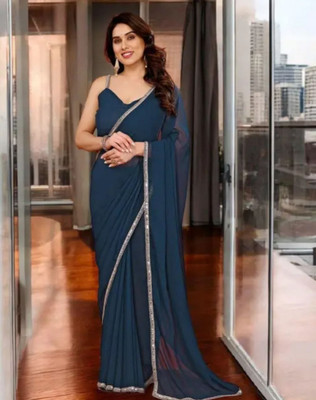 BK COLLECTION Solid/Plain Bollywood Georgette Saree(Blue)