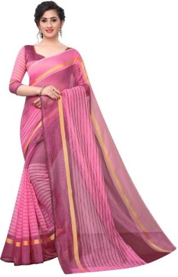 WhiteCloud Striped Banarasi Cotton Silk Saree(Pink)