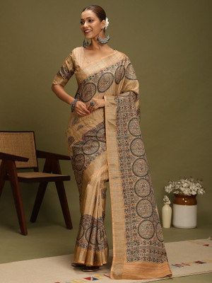 ANOUK Digital Print Hand Batik Satin, Silk Blend Saree(Beige)