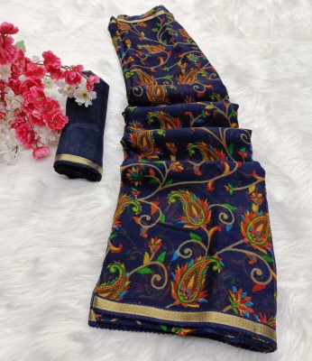 Gatrad Printed, Embellished, Floral Print, Solid/Plain Daily Wear Chiffon Saree(Dark Blue)