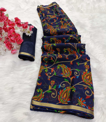 WEYLIN Printed, Embellished, Floral Print, Solid/Plain Daily Wear Chiffon Saree(Dark Blue)