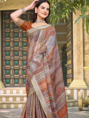ANOUK Printed Daily Wear Linen Saree(Red)