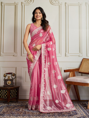 Sasta Bazar Embroidered Bollywood Net Saree(Pink)