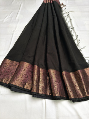 mynok Woven, Striped Bollywood Handloom Cotton Blend Saree(Black)