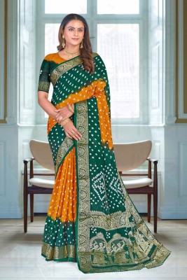 Rudra Fab Self Design Bandhani Pure Silk Saree(Orange, Green)