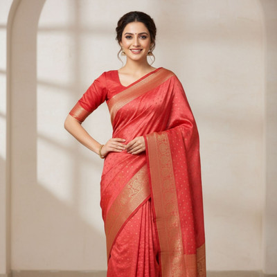 EZIESHREE Woven, Self Design Banarasi Pure Silk Saree(Red)
