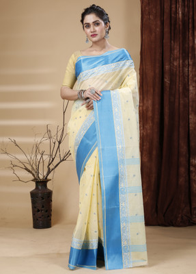 SLAGHA Woven Tant Pure Cotton, Velvet Saree(Cream)