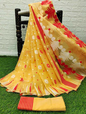 VIRDHI TEXTILE Printed, Self Design, Embellished, Woven, Animal Print, Blocked Printed Jamdani Cotton Blend, Jacquard Saree(Yellow)