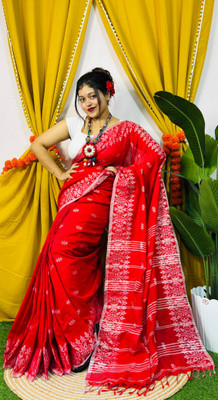 PARTHA BISWAS Self Design Handloom Cotton Blend Saree(Red)
