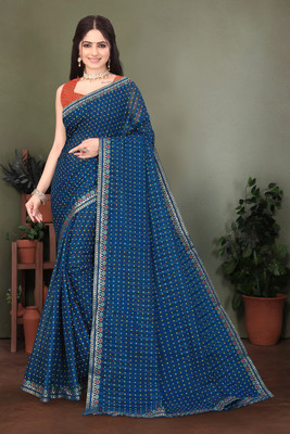 HouseOfCommon Printed Bandhani Georgette Saree(Blue)