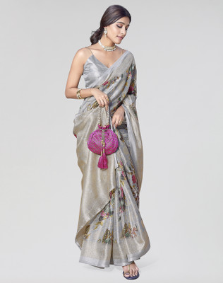ANIRAV Printed Mysore Art Silk Saree(Grey)
