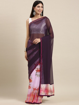 BLEESBURY Printed, Self Design, Graphic Print, Floral Print, Checkered, Solid/Plain Bollywood Georgette, Chiffon Saree(Purple)
