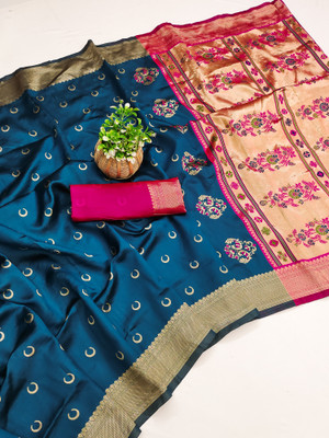 VASTUKALA Woven Kanjivaram Pure Silk, Art Silk Saree(Dark Blue)