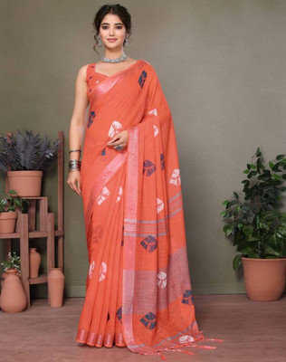 HITESH ENTERPRISE Digital Print Leheria Cotton Linen Saree(Orange)