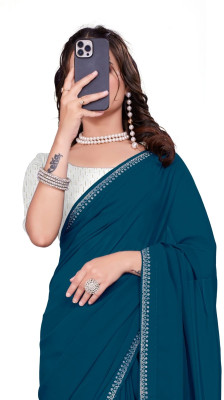 Suhagiya Geometric Print, Solid/Plain Palazzo Saree Georgette Saree(Dark Green)