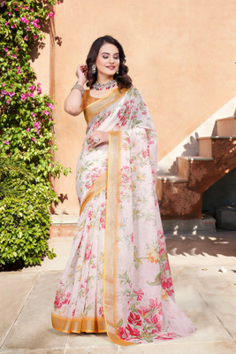 PHEASANT Digital Print Bollywood Cotton Linen Saree(Cream)