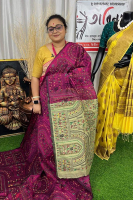 sourav biswas Self Design, Woven, Solid/Plain Daily Wear Cotton Silk Saree(Magenta)