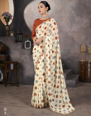 SIRIL Printed Bollywood Georgette, Chiffon Saree(Beige)