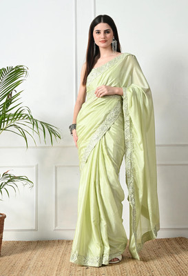 Pionex Solid/Plain Bollywood Chiffon, Silk Blend Saree(Green)