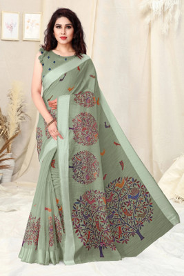 MIRCHI FASHION Printed, Floral Print Bollywood Cotton Blend Saree(Light Green, Multicolor)