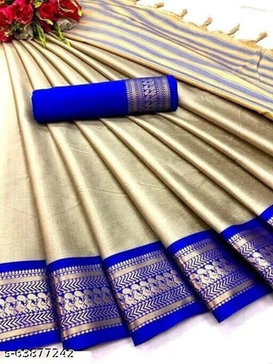 SHRIMAY Woven Kanjivaram Silk Blend Saree(Blue, Beige)