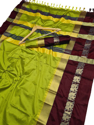 VK UNIQ Solid/Plain Banarasi Handloom Cotton Silk Saree(Green)