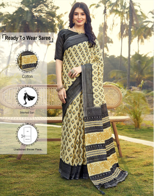 Satrani Geometric Print, Printed Bollywood Pure Cotton Saree(Yellow, Grey)