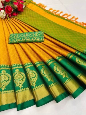SSP TEX Woven Banarasi Cotton Silk, Silk Blend Saree(Yellow, Green)