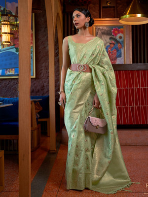SWORNOF Solid/Plain, Embroidered Bollywood Silk Blend Saree(Light Green)