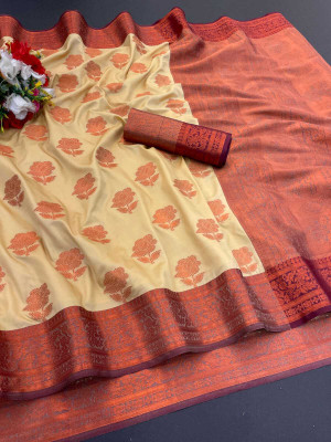JbWorld Woven, Embroidered, Floral Print Banarasi Cotton Silk, Pure Silk Saree(Cream, Maroon)