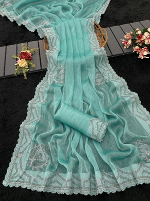PRYAG SAREES Embroidered Bollywood Silk Blend Saree(Light Blue)
