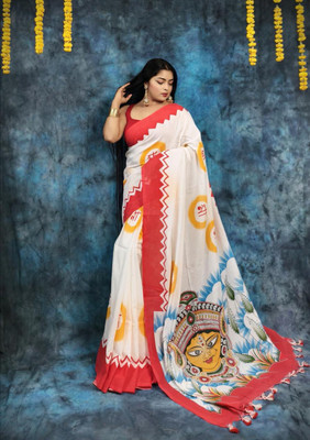 HouseOfCommon Printed Handloom Pure Cotton Saree(White)