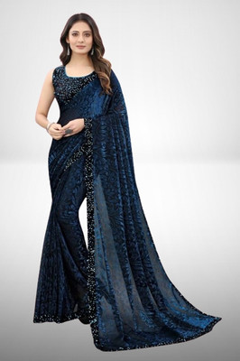 Vragi Floral Print Bollywood Lycra Blend Saree(Blue)