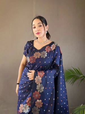 Murta Trends Woven Kanjivaram Jacquard, Silk Blend Saree(Dark Blue)