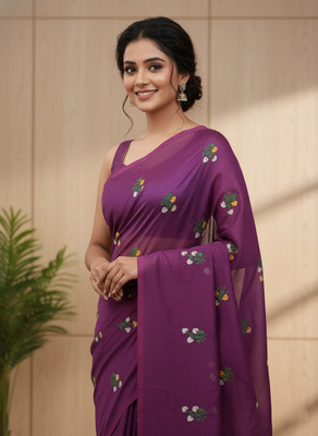 BongAp Embroidered Handloom Cotton Blend Saree(Purple)