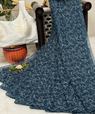 PATTARI Printed Bollywood Net Saree(Blue)