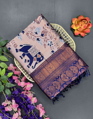 RegalDrapes Woven Kanjivaram Art Silk, Pure Silk Saree(Beige, Blue)