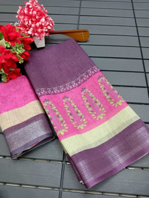 HangerStories Woven Kanjivaram Linen, Cotton Linen Saree(Pink, Purple)