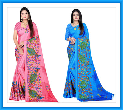 Leelavati Printed Bollywood Crepe Saree(Pack of 2, Pink, Blue)