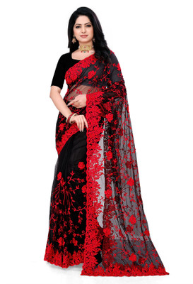 DEVKISONDESIGNER Embroidered Bollywood Net Saree(Red, Black)