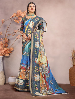 HangerStories Printed Kanjivaram Pure Cotton, Cotton Linen Saree(Multicolor)