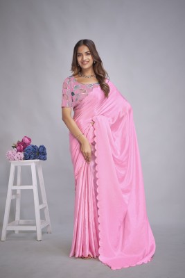 A To Z Cart Solid/Plain Bollywood Chiffon Saree(Pink, Multicolor)