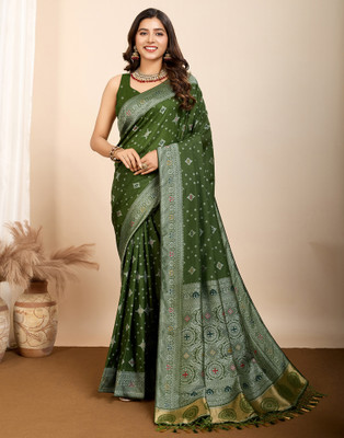 Satrani Woven, Embellished Patola Silk Blend Saree(Green)