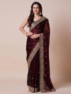 Sareemall Embroidered Bollywood Organza Saree(Maroon)