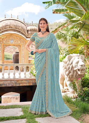 Laxmipati sarees Embroidered Saree with Attached Blouse Tissue Saree(Blue)