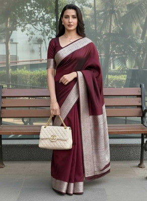 LYANNA Solid/Plain, Woven Bollywood Satin Saree(Brown)